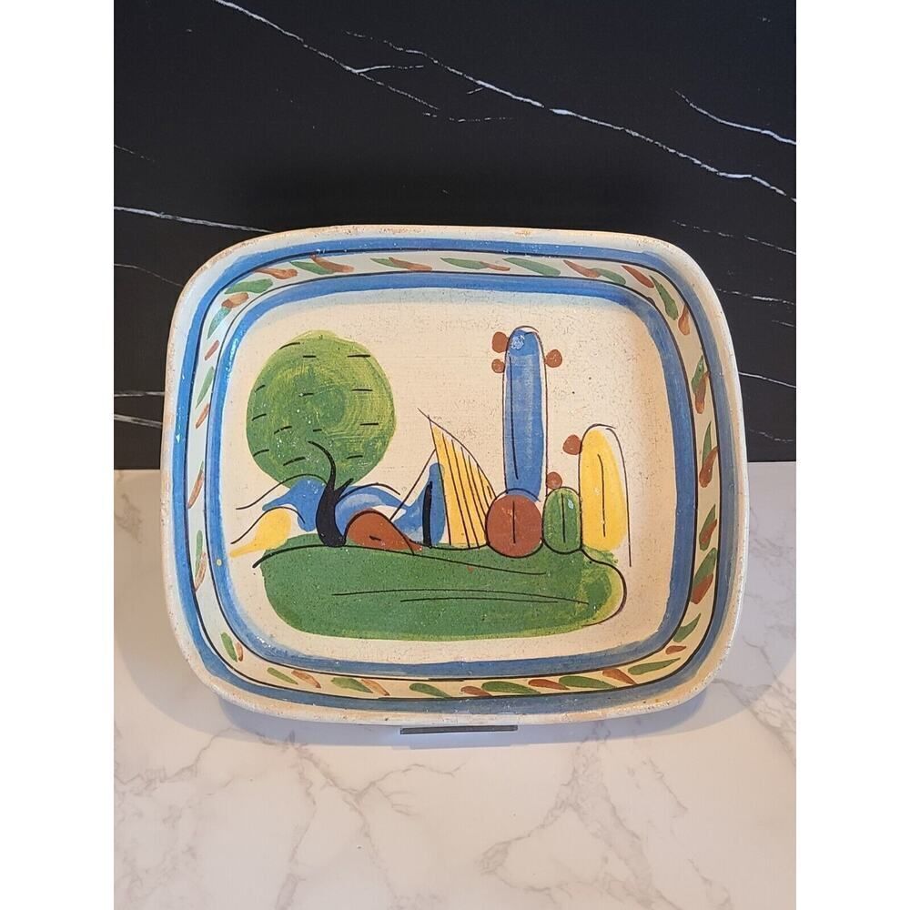 Talquepaque Hand Painted Folk Art Pottery Vintage 1930s/40s Made In Mexico 9x7½"